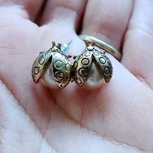 Gold Ladybug Pearl Earrings